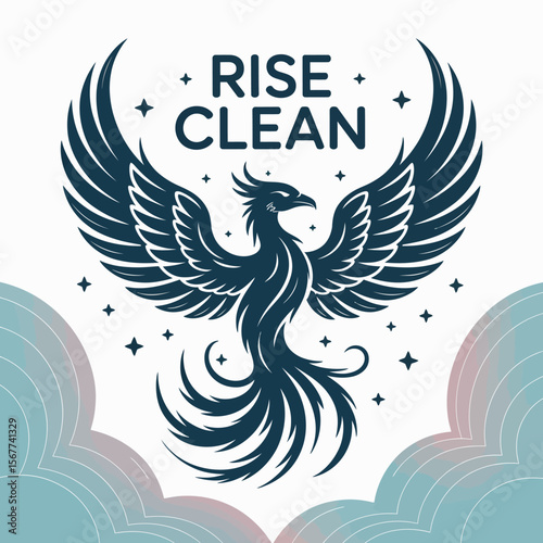 Majestic dark blue phoenix with outstretched wings and flowing tail feathers rises amidst stylized clouds and stars conveying a message of rebirth and purity with the words rise clean