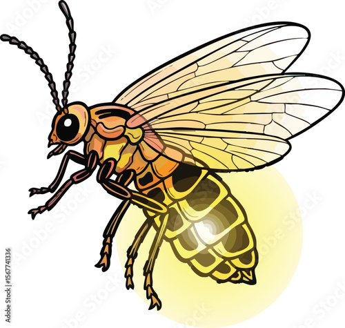  A dynamic and vibrant illustration of a red-bodied firefly in flight, showcasing its translucent wings and brilliant yellow bioluminescent glow, capturing the essence of this fascinating insect.