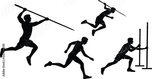 Vector art of athletes in silhouette performing javelin throw and running on white background