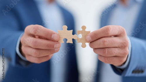 Business people connecting puzzle pieces, symbolizing partnership and teamwork