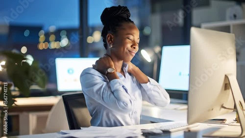 Stressed office worker massaging her sore neck while working late in the office