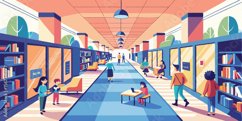 Vector art of people studying and reading in a modern library with colorful bookshelves