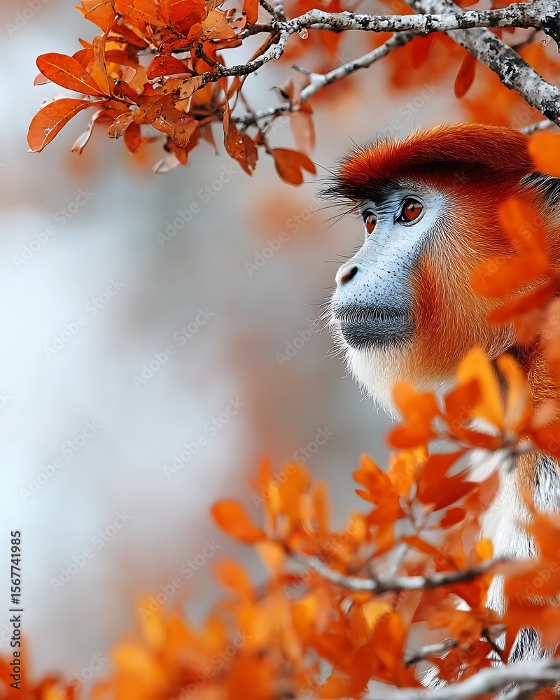 Fototapeta premium Adorable Monkey Peeking Through Vibrant Autumn Foliage Looking Outwards
