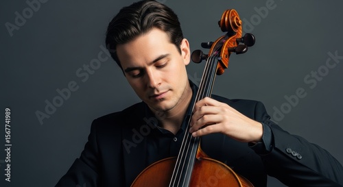 Young caucasian male cellist playing cello in studio setting