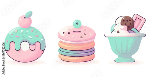 Cute kawaii style desserts featuring a donut macaron tower and ice cream sundae
