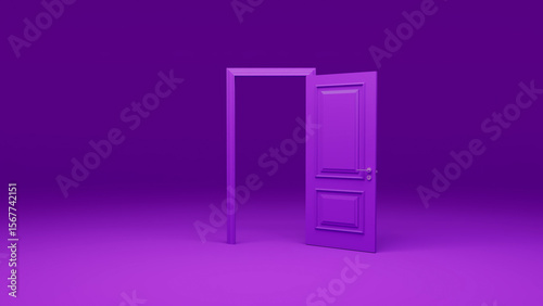 Open purple door inviting exploration in a minimalist purple room, symbolizing new opportunities, choices, and the potential for change and personal growth