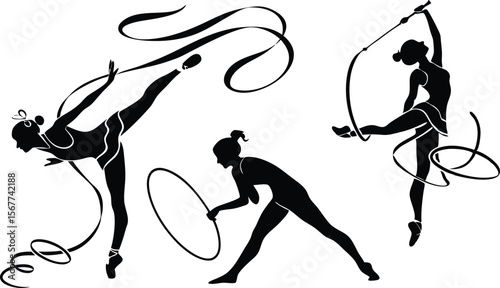 Vector art of three rhythmic gymnasts perform with ribbons and a hoop in dynamic poses