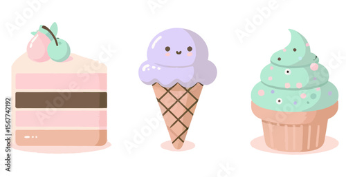 Three cute cartoon desserts including a slice of cake ice cream cone and cupcake
