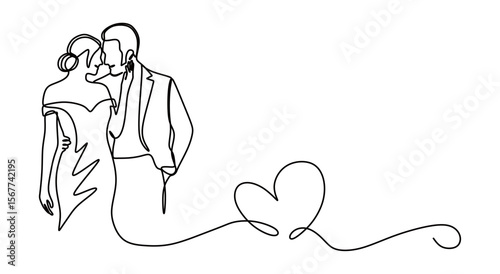 274.econtinuous line art of a pair of man and woman in wedding dress and suit performing a wedding with curved lines forming a heart. Wedding concept. this icon is for invitation cards and wall decora