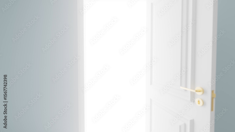 Naklejka premium Slightly open white door with a gold handle allowing bright white light to flood in, evoking hope and optimism for new beginnings and overcoming challenges