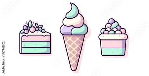 Pastel colored desserts including a slice of cake ice cream cone and cup dessert
