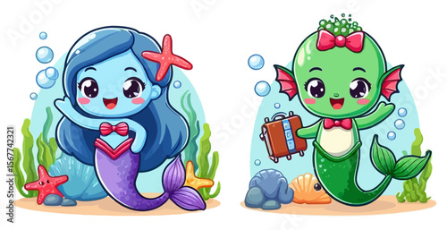 Cute cartoon mermaids with starfish and seashells in underwater scene