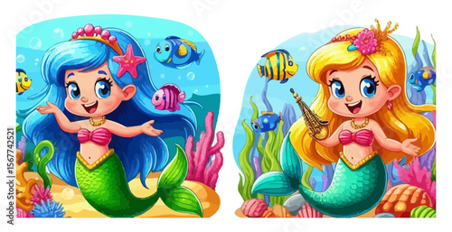Two cute cartoon mermaids with blue and blonde hair underwater with fish