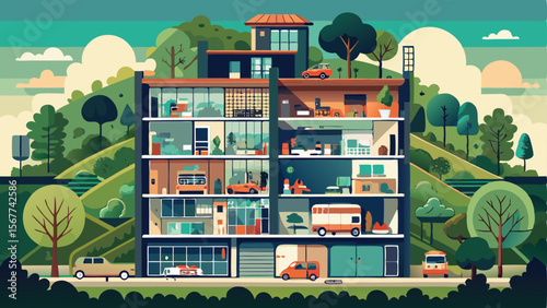 Vector art of a modern apartment building with visible rooms and people, set against a green landscape