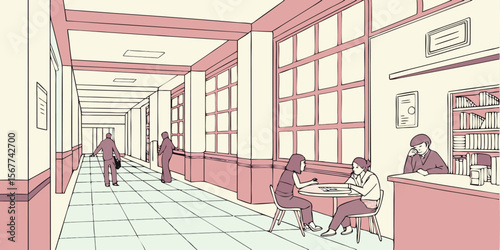 Vector art of people in a bright school hallway with large windows and a cafe area