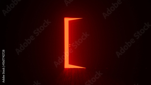 Slightly opened door revealing a mysterious red light, illuminating a dark room and evoking a suspenseful, intriguing atmosphere filled with curiosity and hidden secrets