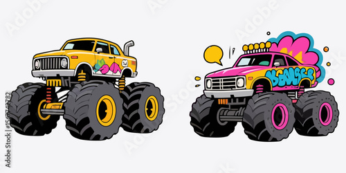 Two brightly colored cartoon monster trucks with oversized tires and bold graphics