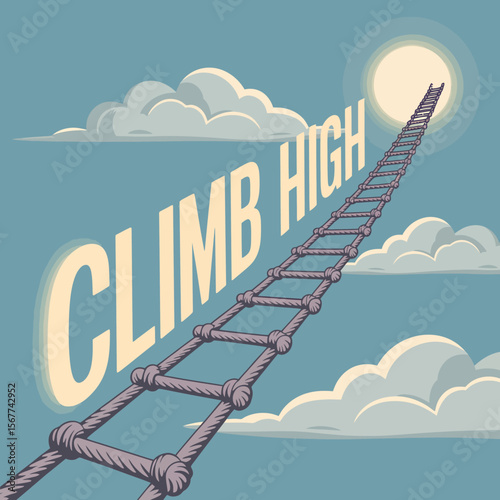 Climb high ladder to success reaching goals and aspirations in the sky with clouds and sun art vector artwork on transparent background