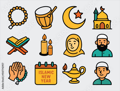 Islamic New Year Muharram Bundle with Crescent Moon Mosques and Sacred Elements