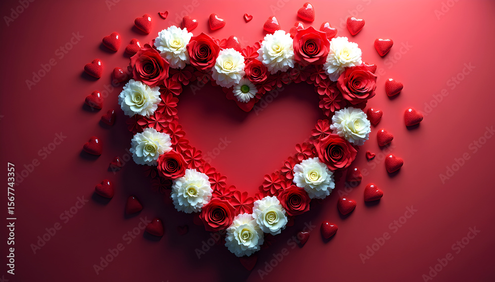 Obraz premium Heart of Roses: A heart shape created with red and white roses and small red hearts. A romantic and passionate image perfect for Valentine's Day or love-themed projects. 