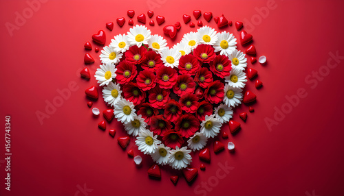 Floral Heart Arrangement: A heart shape composed of red and white daisies, surrounded by small red hearts, creates a romantic and visually appealing image.