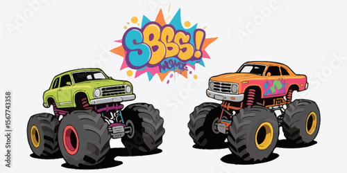 Two colorful monster trucks facing each other with a comic book style explosion graphic