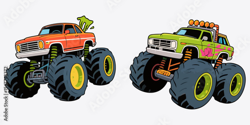 Two cartoon monster trucks one orange and one green with large tires and white backgrounds