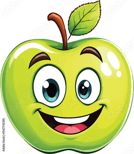 Smiling Green Apple Character – Vector Illustration of Happy Cartoon Apple with Big Eyes, Leaf, and Friendly Expression