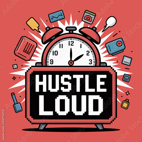 Hustle loud alarm clock vector illustration for motivation and productivity concept design artwork vector artwork on transparent background