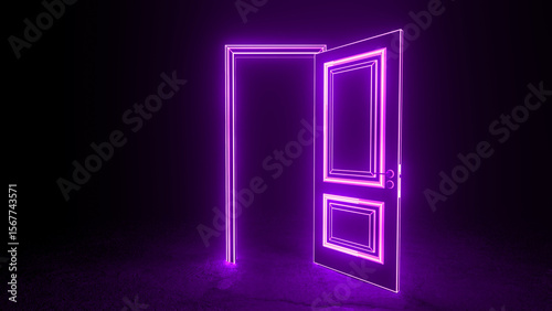 Tableau sur toile Vibrant purple neon open door is glowing in a dark room, representing opportunit