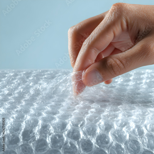 Woman popping air bubbles in plastic packaging on blue background