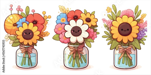 Three adorable kawaii flower bouquets in glass jars with bows