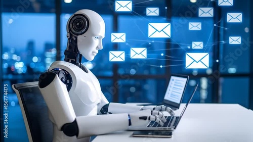 Robot Working on Laptop Sending Emails in Modern Office with Cityscape Background
