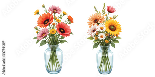 Two fresh spring flower bouquets in glass vases on white background