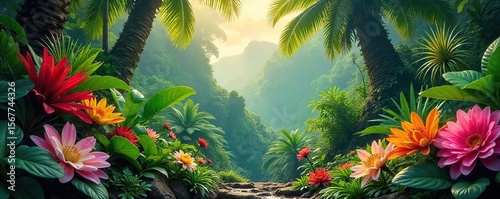 Sunlight Dapples Lush Tropical Garden Overflowing with Vibrant Flowers and Exotic Foliage, Creating a Scene of Abundant Life and Vivid Color.