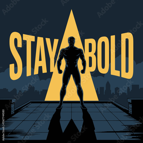 Superhero standing on a rooftop at night with a spotlight behind him and the words stay bold in large yellow letters above him