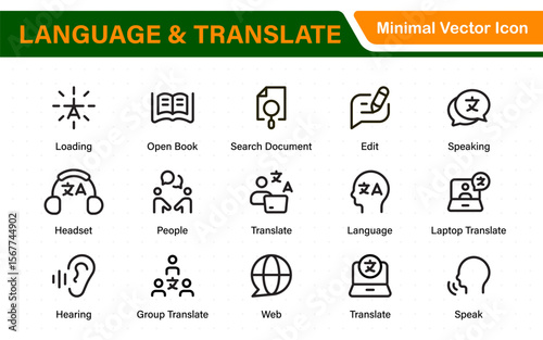 Language web icon set in line style. Language translation, linguistics, speaking, dictionary, listening skills, writing, translate, collection.