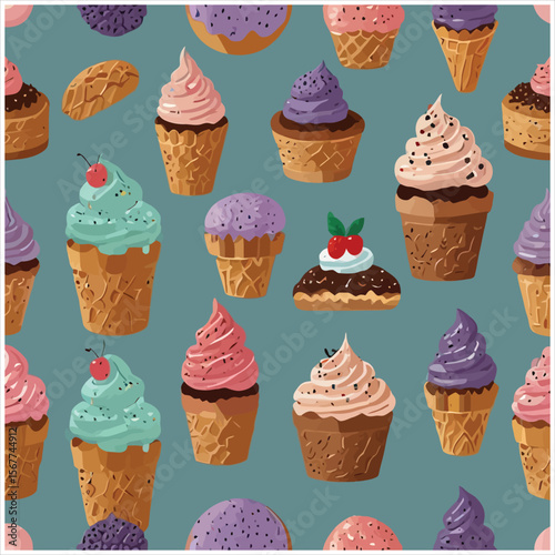 Seamless pattern of colorful ice cream cones and cupcakes with cherries