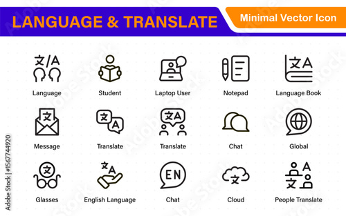 Language web icon set in line style. Language translation, linguistics, speaking, dictionary, listening skills, writing, translate, collection.