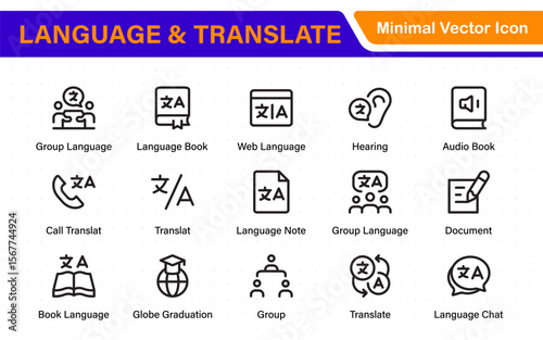 Language web icon set in line style. Language translation, linguistics, speaking, dictionary, listening skills, writing, translate, collection.