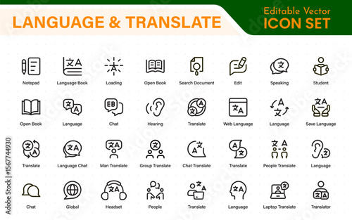 Language web icon set in line style. Language translation, linguistics, speaking, dictionary, listening skills, writing, translate, collection.