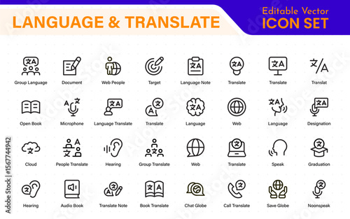 Language web icon set in line style. Language translation, linguistics, speaking, dictionary, listening skills, writing, translate, collection.