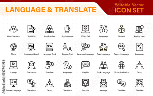 Language web icon set in line style. Language translation, linguistics, speaking, dictionary, listening skills, writing, translate, collection.