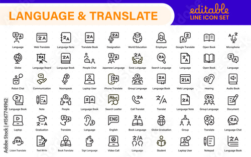 Language web icon set in line style. Language translation, linguistics, speaking, dictionary, listening skills, writing, translate, collection.