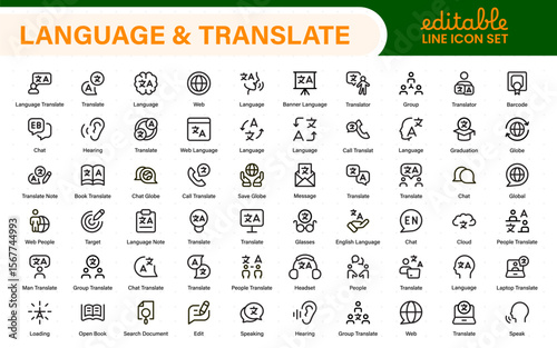 Language web icon set in line style. Language translation, linguistics, speaking, dictionary, listening skills, writing, translate, collection.