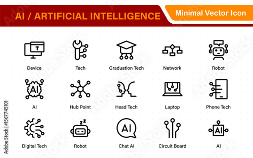 Set of Ai artificial intelligence icon set vector collection. AI Essentials line Icon collection, artificial intelligence icon set in line style, machine learning, smart robotic Free Vector