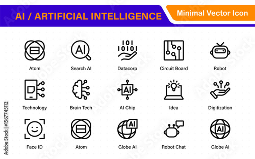 Set of Ai artificial intelligence icon set vector collection. AI Essentials line Icon collection, artificial intelligence icon set in line style, machine learning, smart robotic Free Vector