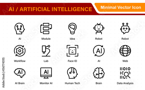 Set of Ai artificial intelligence icon set vector collection. AI Essentials line Icon collection, artificial intelligence icon set in line style, machine learning, smart robotic Free Vector