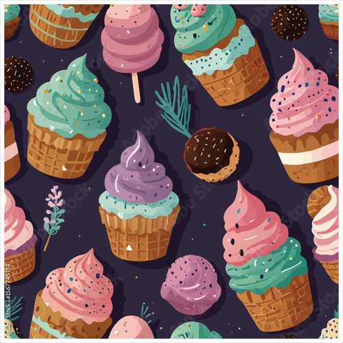 Seamless pattern of colorful ice cream cones and desserts on a dark background