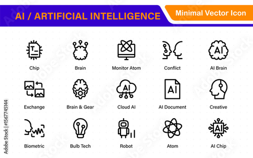 Set of Ai artificial intelligence icon set vector collection. AI Essentials line Icon collection, artificial intelligence icon set in line style, machine learning, smart robotic Free Vector